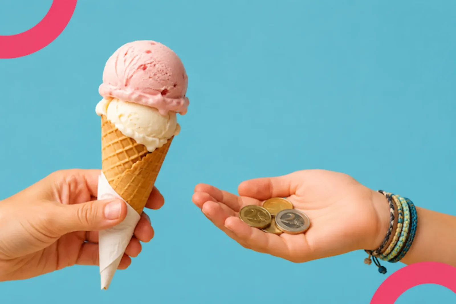 Mano sostiene un cono de helado mientras otra mano recibe unas monedas