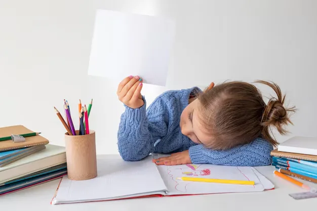 Niña con jersey azul apoya la cabeza en la mesa mientras sostiene una hoja en blanco